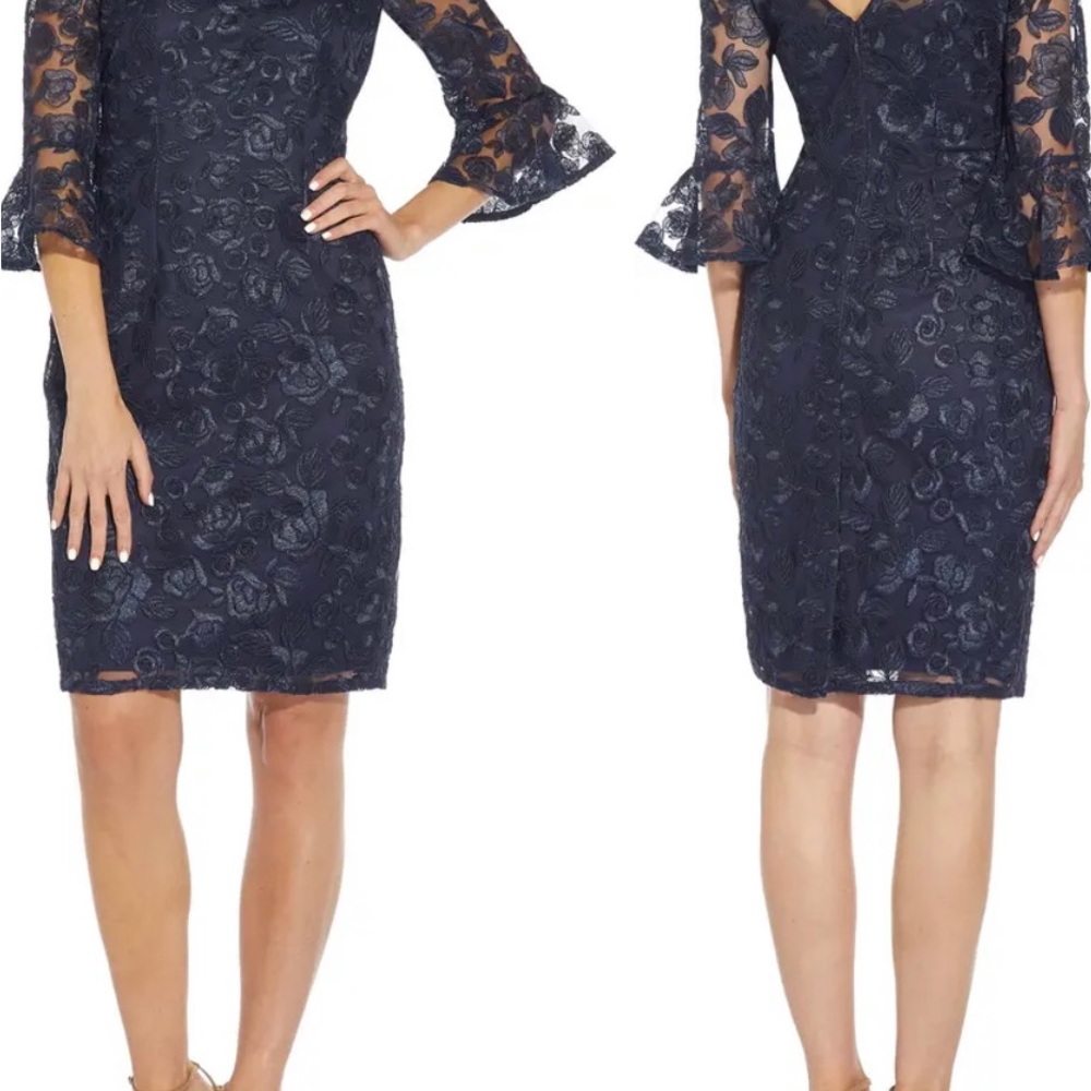 NWT Adrianna Papell Rosie Embroidered Sheath Dress in color Midnight, size 6